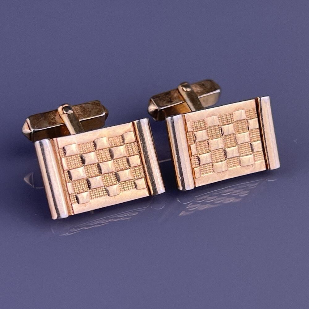 Checker Board Squares Cufflinks Gold Tone Rectangle Swank Vintage